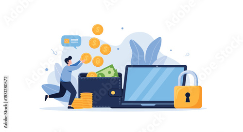 Personal finance management and secure digital banking concept showing a character saving money in a protected online wallet.