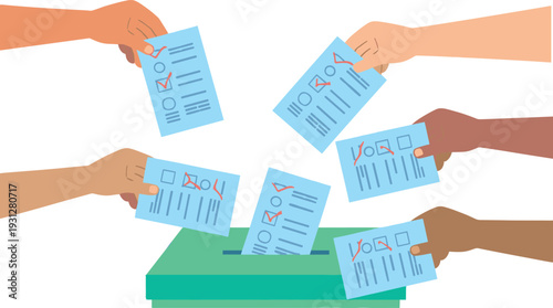 Voting illustration, ballot box, diverse hands, democracy concept, civic engagement, election participation, political process, voter diversity, democratic rights, vector art