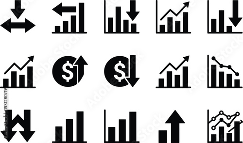 Financial growth and decline bar chart icons set featuring revenue increase, profit loss, market trends, analytics reports, and investment performance