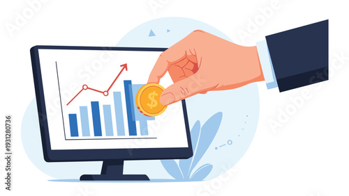 Investor puts a golden dollar coin into a bar chart on a computer screen to illustrate financial investment and capital growth.
