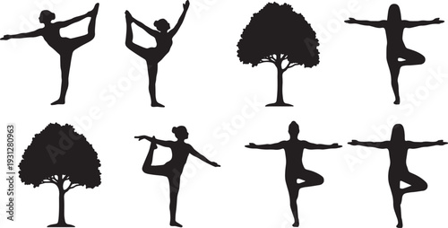 Black Solid Balance Grace Dancer Tree Silhouettes Set of Six on White Background