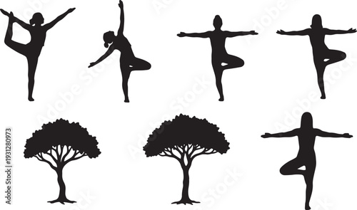 Black Solid Balance Grace Dancer Tree Silhouettes Set of Six on White Background