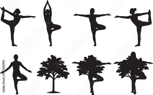 Black Solid Balance Grace Dancer Yoga Silhouettes Set of Six on White Background