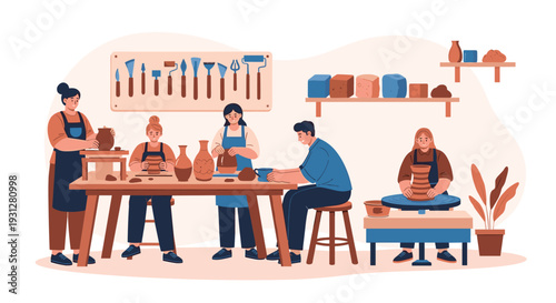 Creative pottery class and artisan craft workshop showing people learning the art of ceramic making with professional equipment.