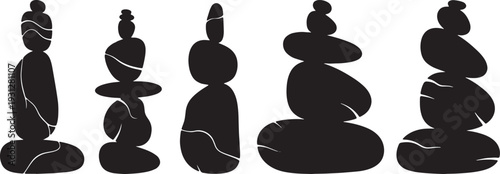 Black Solid Balancing Rock Silhouettes Set of Six on White Background