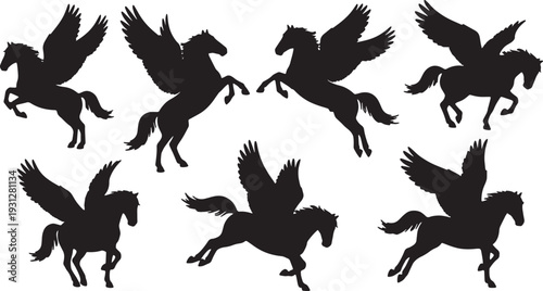 Black Solid Barrel Roll Pegasus Silhouettes Set of Six on White Background