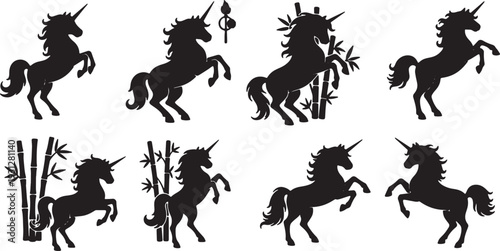 Black Solid Bamboo Forest Unicorn Silhouettes Set of Six on White Background