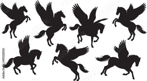 Black Solid Barrel Roll Pegasus Silhouettes Set of Six on White Background