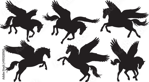 Black Solid Barrel Roll Pegasus Silhouettes Set of Six on White Background