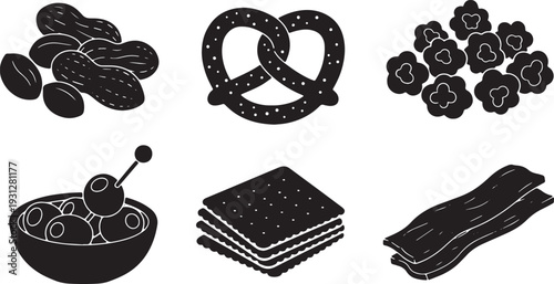 Black Solid Bar Snack Silhouettes Set of Six on White Background