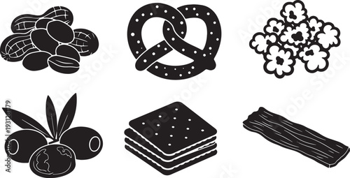 Black Solid Bar Snack Silhouettes Set of Six on White Background
