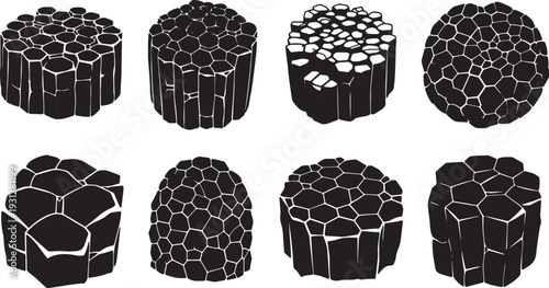 Black Solid Basalt Column Silhouettes Set of Six on White Background