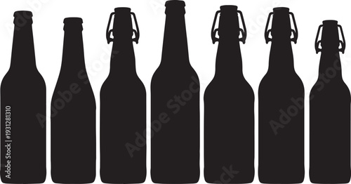 Black Solid Beer Bottle Silhouettes Set of Six on White Background