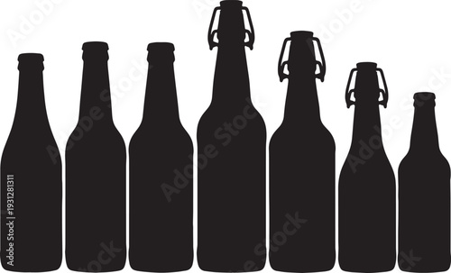 Black Solid Beer Bottle Silhouettes Set of Six on White Background