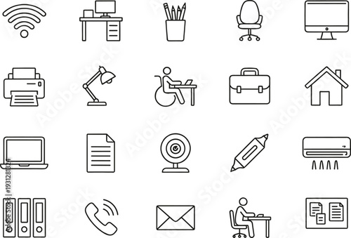 Office workplace and home equipment line icons set featuring computer desk, printer, WiFi, accessibility workspace, stationery, and communication devices
