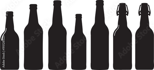 Black Solid Beer Bottle Silhouettes Set of Six on White Background