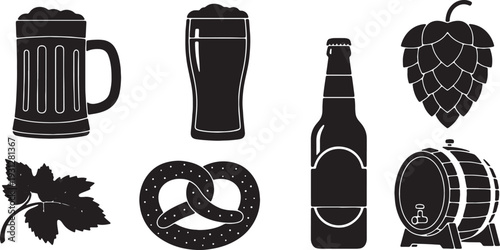Black Solid Beer Silhouettes Set of Six on White Background