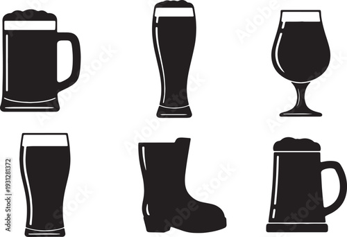 Black Solid Beer Glass Silhouettes Set of Six on White Background