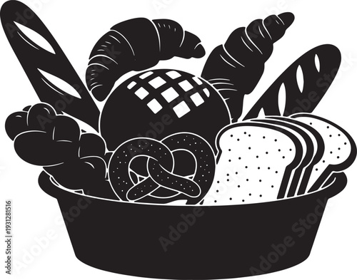 Black Solid Bread Basket Silhouettes Set of Six on White Background