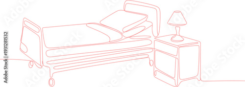 Minimalist hospital bed with pillows, lamp, bedside table, healthcare interior flat vector