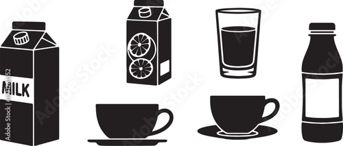 Black Solid Breakfast Drink Silhouettes Set of Six on White Background