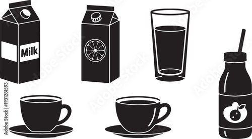 Black Solid Breakfast Drink Silhouettes Set of Six on White Background