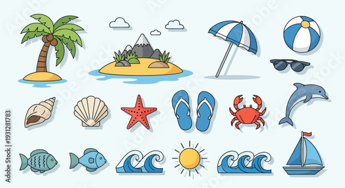 Summer Vacation Icons: Beach Ocean and Tropical Elements in a Colorful Vector Set.