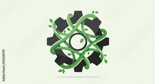 Green Vines and Leaves Growing Through Black Gear Illustration for Sustainable Industry and Green Technology