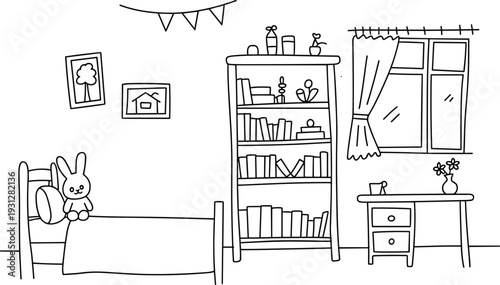 Flat vector illustration of cozy bedroom interior with bed bookshelf desk