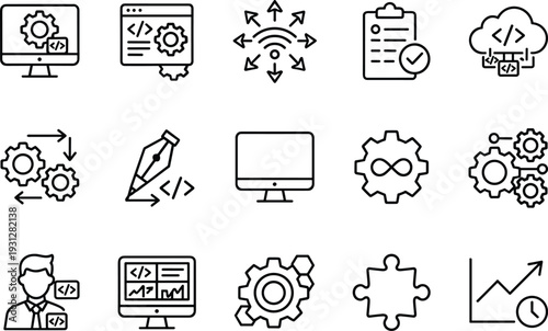 Software development and cloud computing line icons set featuring coding, DevOps automation, system integration, workflow management, and analytics growth