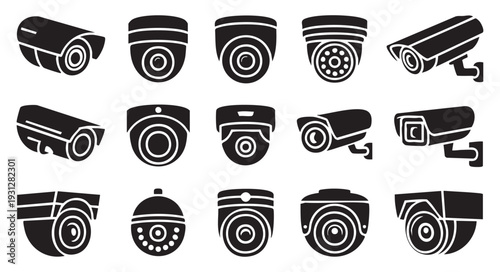 CCTV camera vector icons set, collection of security cameras in solid style for surveillance