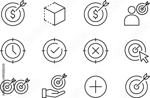 Target and goal achievement line icons set featuring dollar focus, deadline clock, accuracy checkmark and business objective concepts collection