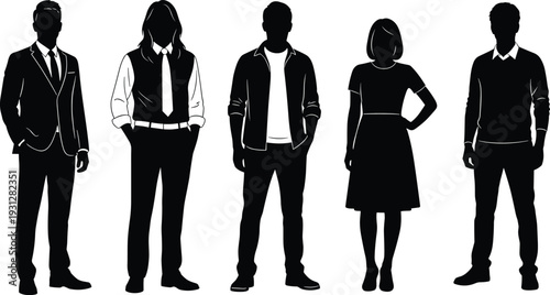 Business people silhouettes diverse men and women in suits vest shirt dress standing together professional team vector illustration isolated on white background