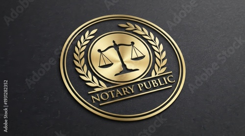 Elegant golden notary public seal featuring scales of justice and a laurel wreath emblem.