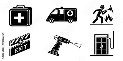 A collection of icons representing emergency services and safety equipment.