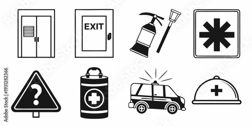 A collection of safety and emergency symbols and icons