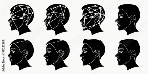 Eight distinct silhouettes of human heads showcasing various hairstyles and baldness