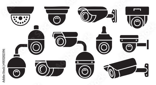 CCTV camera vector icons set, collection of security cameras in solid style for surveillance