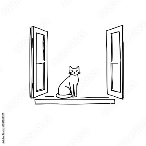 Sketchbook illustration of a relaxed cat perched on a window sill, minimalist ink strokes on white backdrop, cozy home vibe for decor and pet design