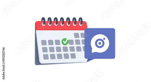 Illustrated Calendar with Checkmark and Social Media Icon.
