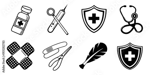 Medical icons representing various aspects of healthcare and first aid equipment