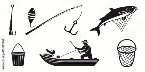 Various fishing equipment and a fisherman in a boat with a large fish