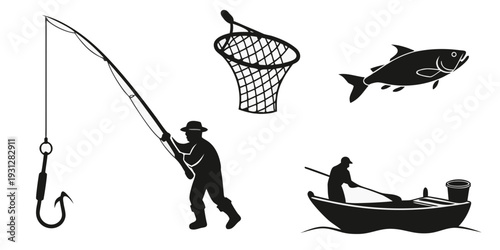 A fisherman with a rod, net, and boat surrounded by various fishing equipment and a fish.