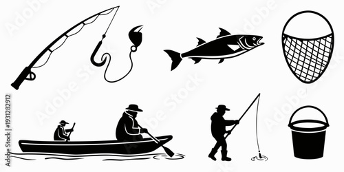 A collection of fishing equipment and activities depicted in a simple black and white illustration