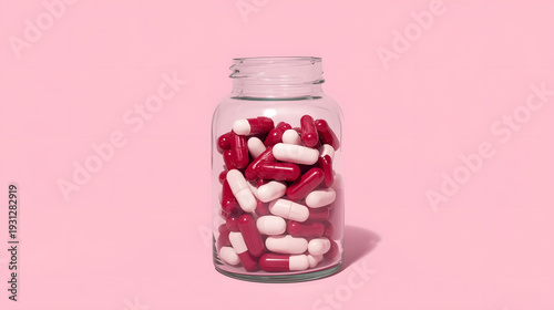 Pills in a Bottle: A close-up view presents a transparent bottle filled with an array of red and white pills, poised against a soft pastel backdrop, alluding to wellness and healthcare. 