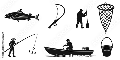 Illustration of various fishing techniques and equipment in black and white