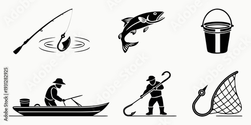 A collection of fishing icons showcasing various equipment and activities