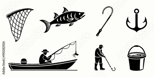 A fisherman in a boat with various fishing equipment and a large fish.