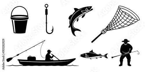 A collection of fishing related icons, including tools, fish, and people