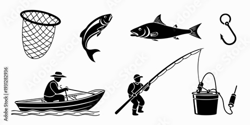 Illustration of fishing activities and equipment in black and white